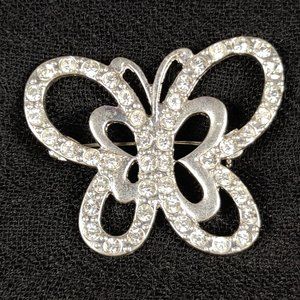 Vintage Brooch Butterfly Clear Rhinestone Pin Moth Insect Retro Silver Tone